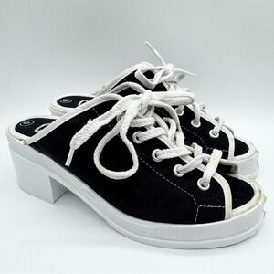 Vintage 80s/90s Y2K Chunky Heel Canvas Open Toe Lace Up Shoes Black/White Size 6